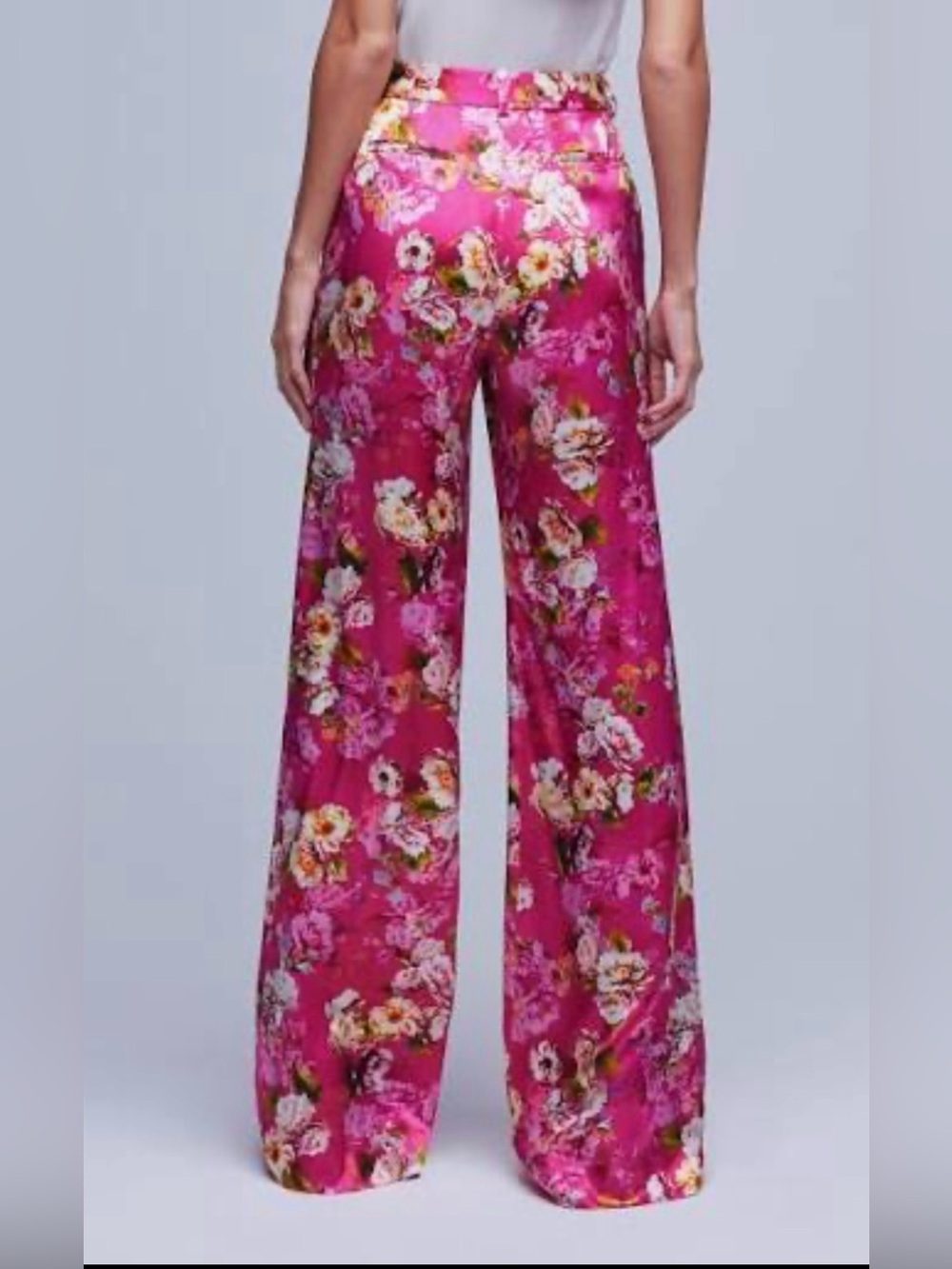 L'AGENCE Pilar Floral Wide-Leg Satin Pants - Hot Pink Multi
